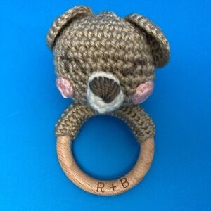 Organic Cotton & Wood Baby Rattle - Rabbit + Bear - Neutral Hand-Knit Bear